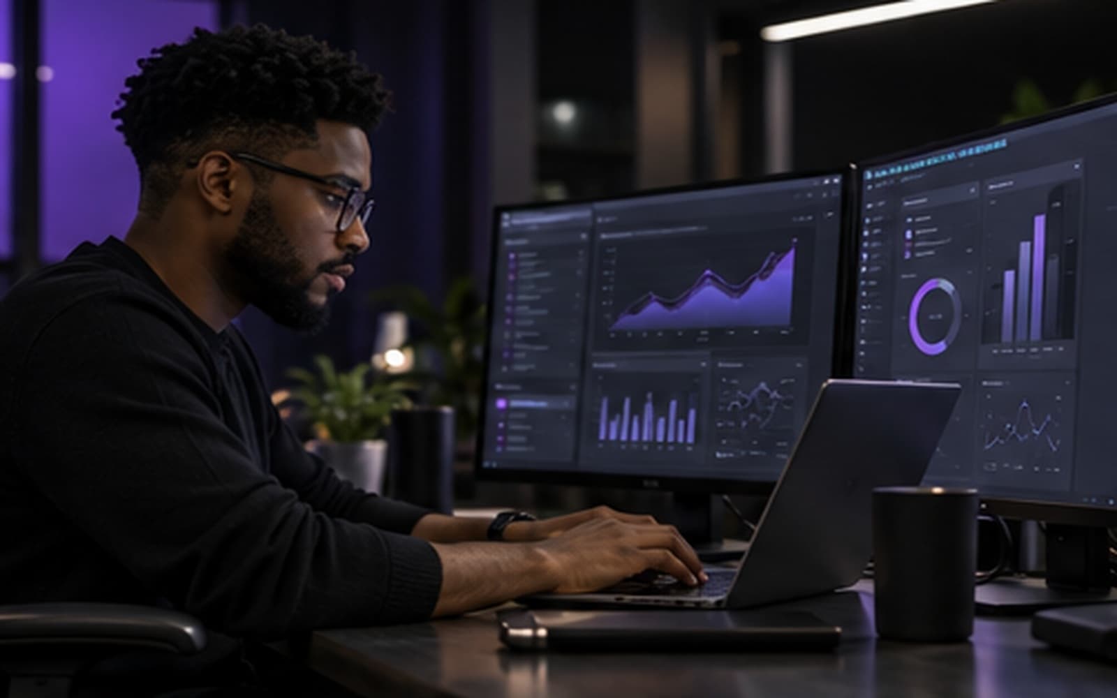 A premium web application dashboard displayed on a laptop in a dark studio